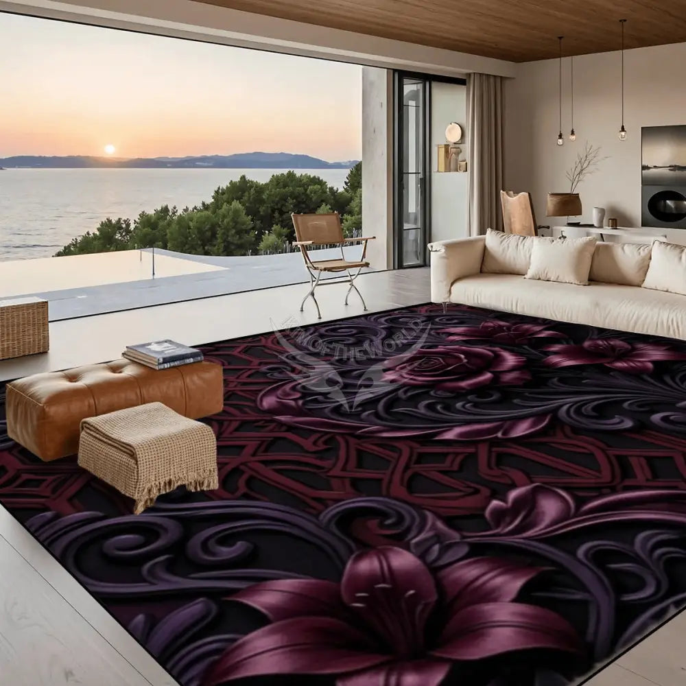 3D Floral Deep Burgundy & Purple Large Area Rug Floor Carpet 10x8 120’’x96’’ Rugs & Mats