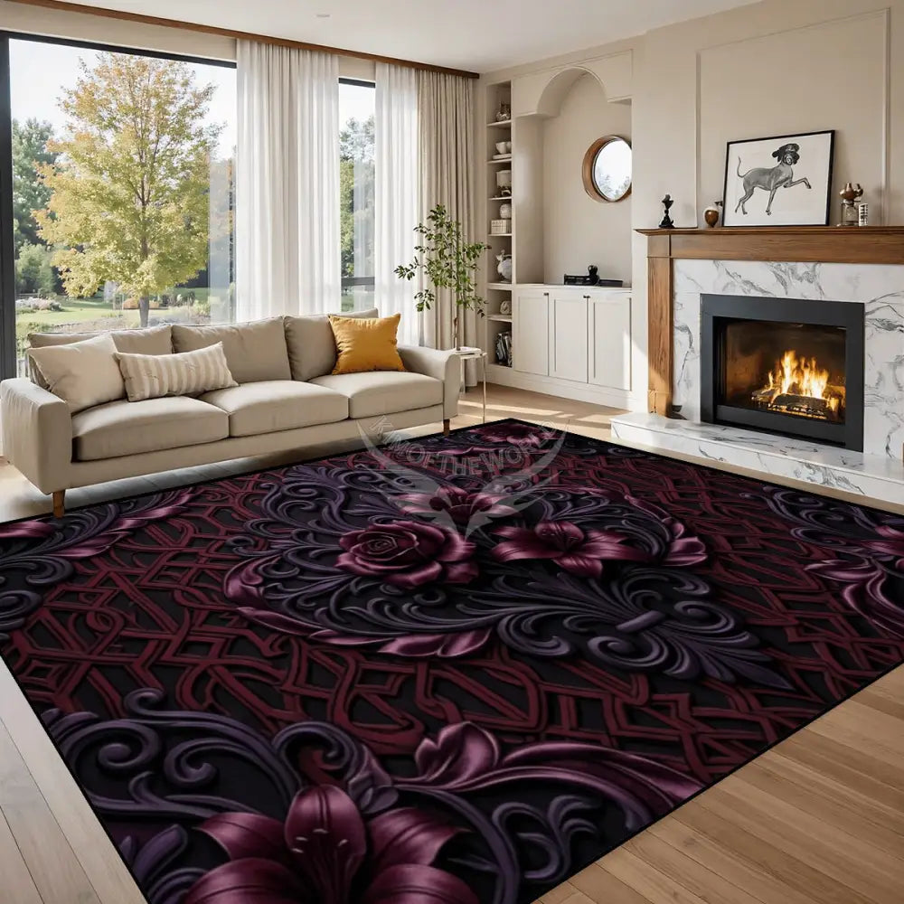 3D Floral Deep Burgundy & Purple Large Area Rug Floor Carpet 10x8 120’’x96’’ Rugs & Mats