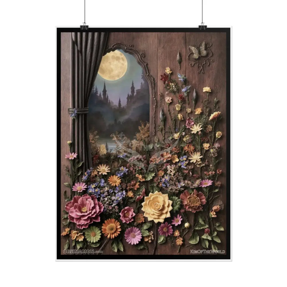 3D Floral Fantasy Rolled Poster — Magical Wood Window Landscape Poster