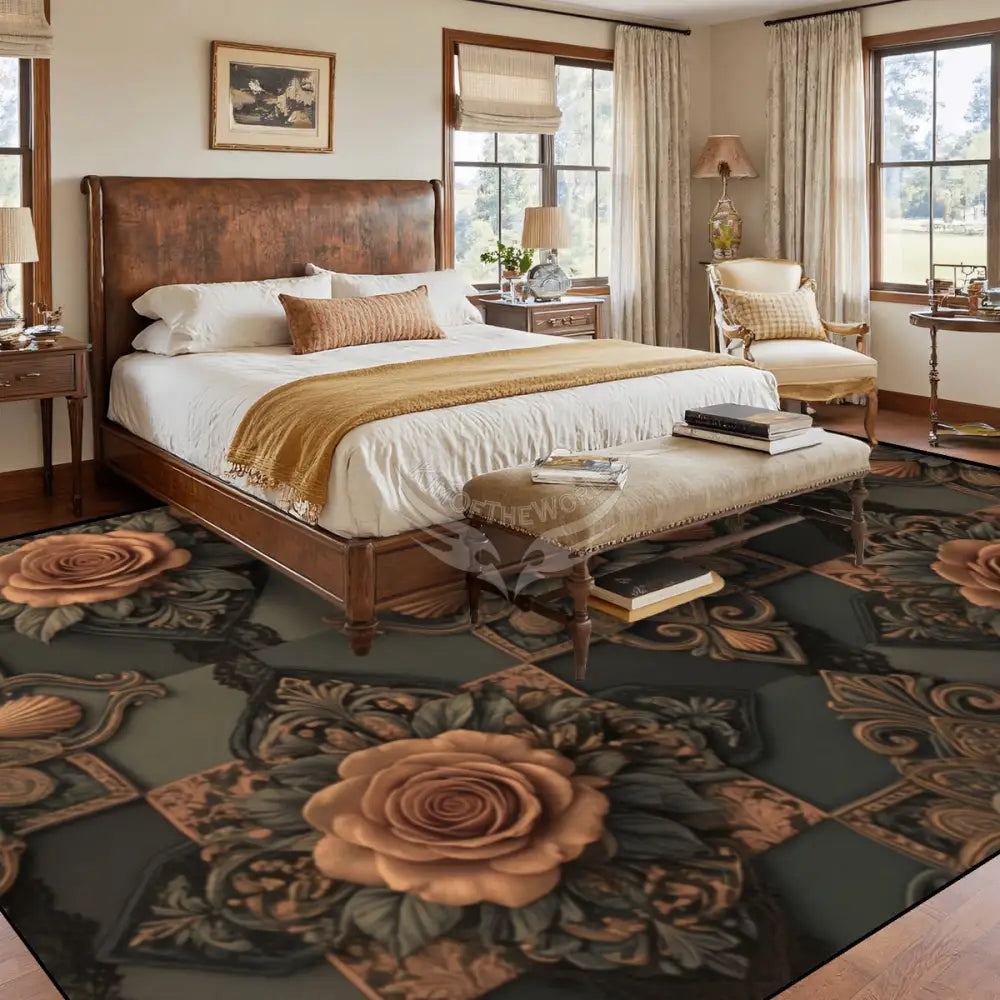 3D Floral Rose Dark Copper Orange Chocolate Large Area Rug Floor Carpet (4:3) 144’’x108’’ Rugs & Mats