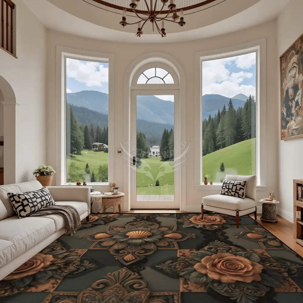3D Floral Rose Dark Copper Orange Chocolate Large Area Rug Floor Carpet (4:3) 144’’x108’’ Rugs & Mats