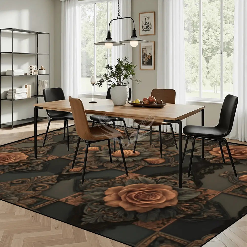 3D Floral Rose Dark Copper Orange Chocolate Large Area Rug Floor Carpet (4:3) 144’’x108’’ Rugs & Mats