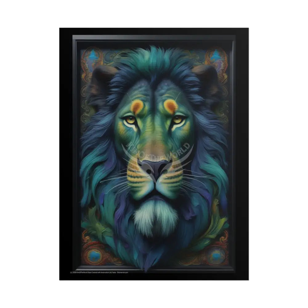 3D Framed Lion Blue & Green Unique Animal Portraits Rolled Poster — Cute Wildlife Wall Art 18″ x 24″ (Vertical) / Matte