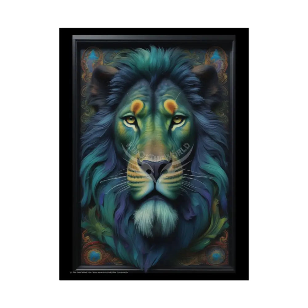 3D Framed Lion Blue & Green Unique Animal Portraits Rolled Poster — Cute Wildlife Wall Art 18″ x 24″ (Vertical) / Semi