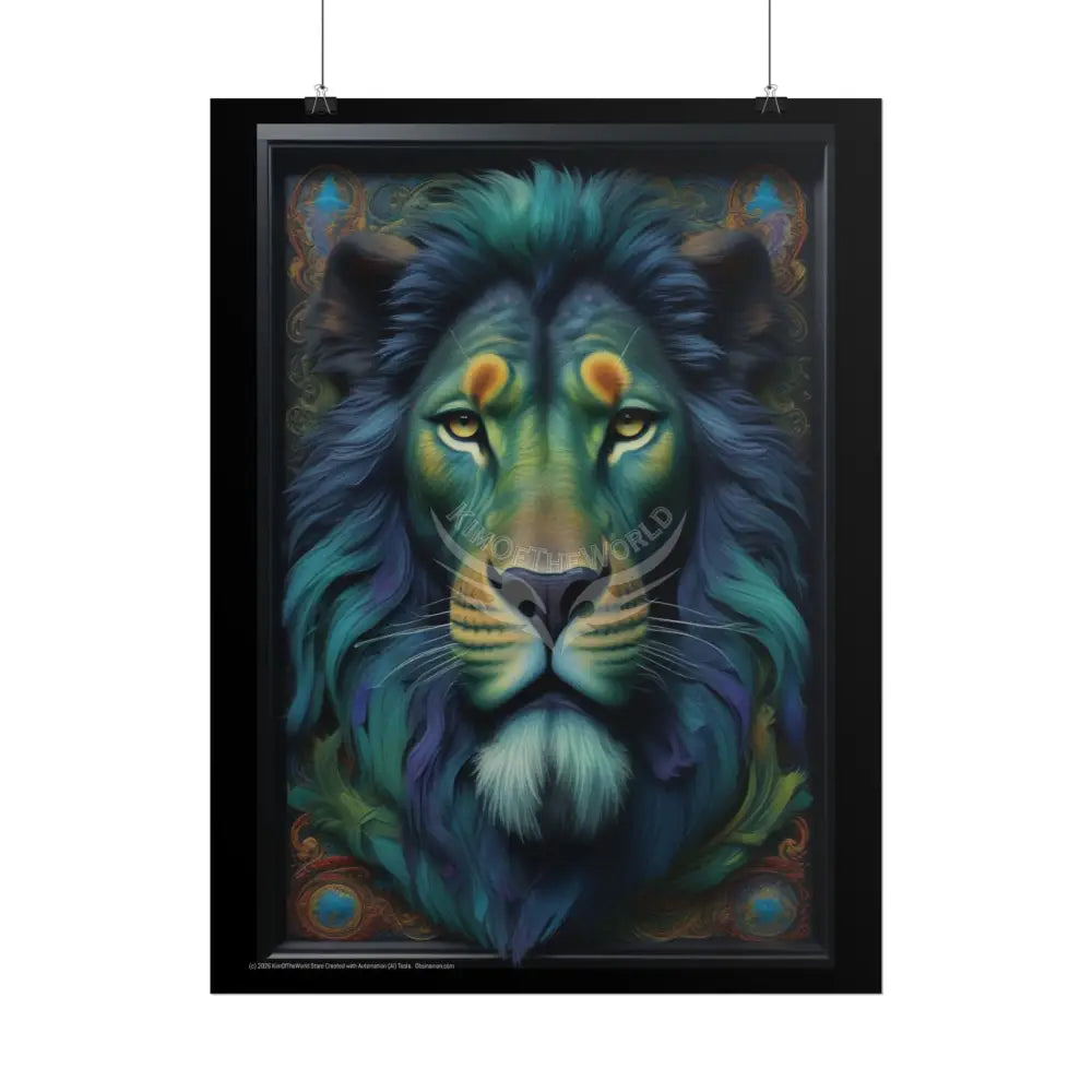 3D Framed Lion Blue & Green Unique Animal Portraits Rolled Poster — Cute Wildlife Wall Art Poster