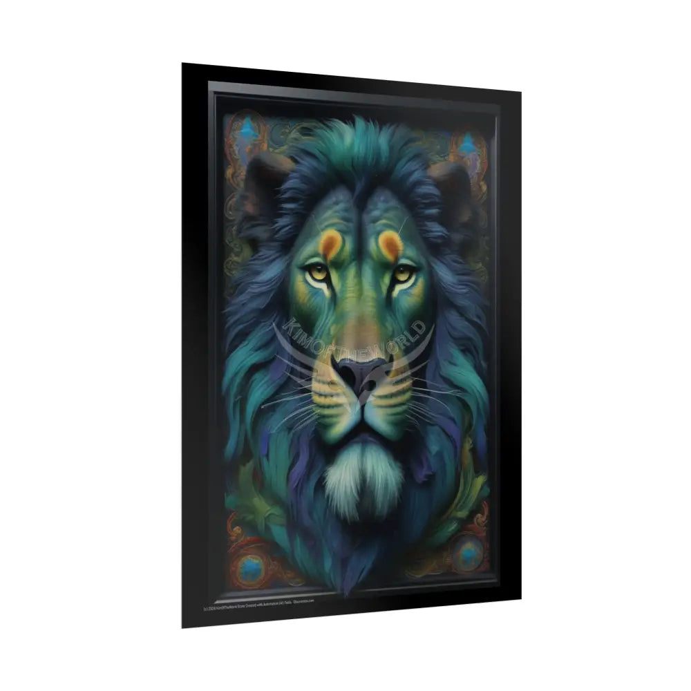 3D Framed Lion Blue & Green Unique Animal Portraits Rolled Poster — Cute Wildlife Wall Art Poster