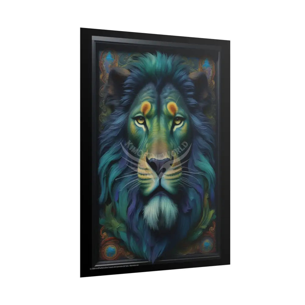 3D Framed Lion Blue & Green Unique Animal Portraits Rolled Poster — Cute Wildlife Wall Art Poster