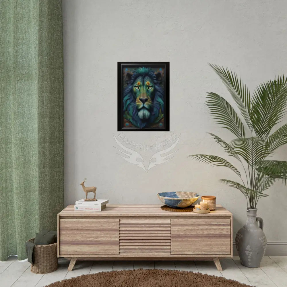 3D Framed Lion Blue & Green Unique Animal Portraits Rolled Poster — Cute Wildlife Wall Art Poster