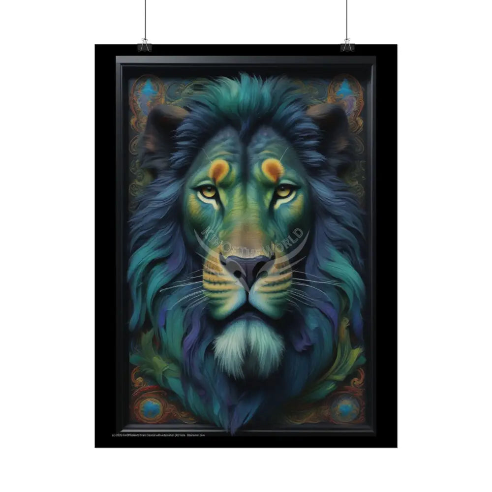 3D Framed Lion Blue & Green Unique Animal Portraits Rolled Poster — Cute Wildlife Wall Art Poster