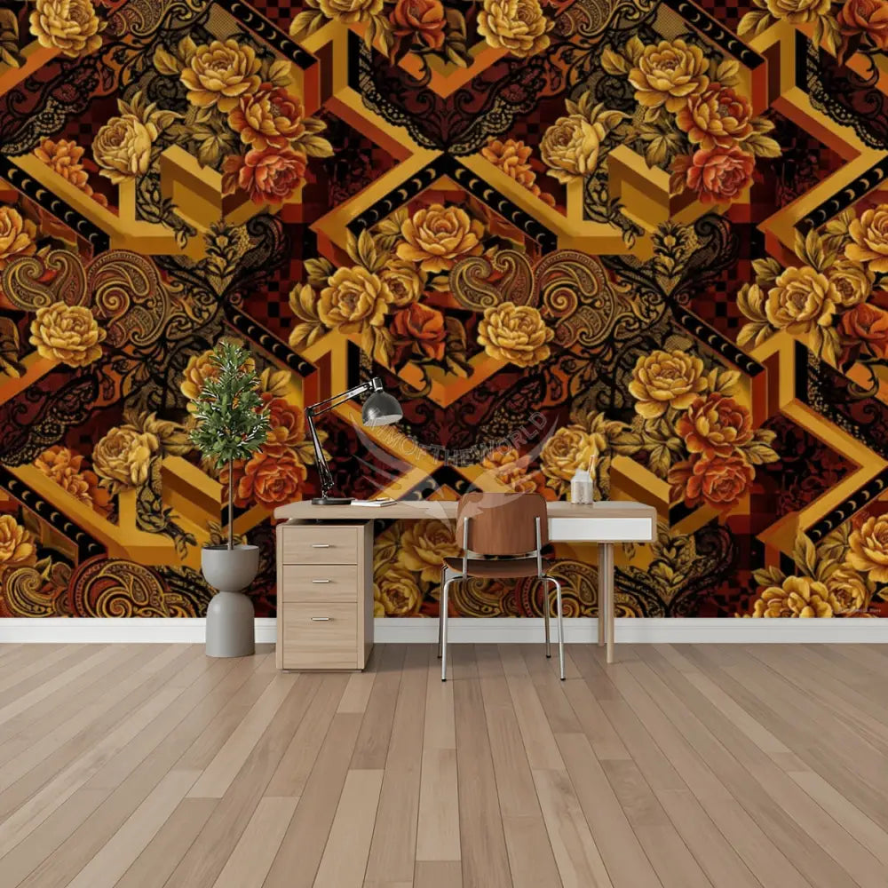 3D Geometric Floral Burnt Rust Interchangeable Unpasted Mural Wallpaper 144’’x100’’ 144’’x100’’ Wall Coverings