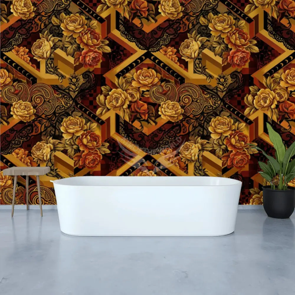 3D Geometric Floral Burnt Rust Interchangeable Unpasted Mural Wallpaper 144’’x100’’ 144’’x100’’ Wall Coverings