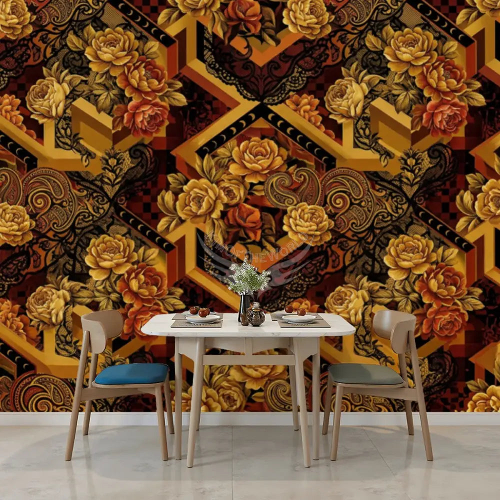 3D Geometric Floral Burnt Rust Interchangeable Unpasted Mural Wallpaper 144’’x100’’ 144’’x100’’ Wall Coverings