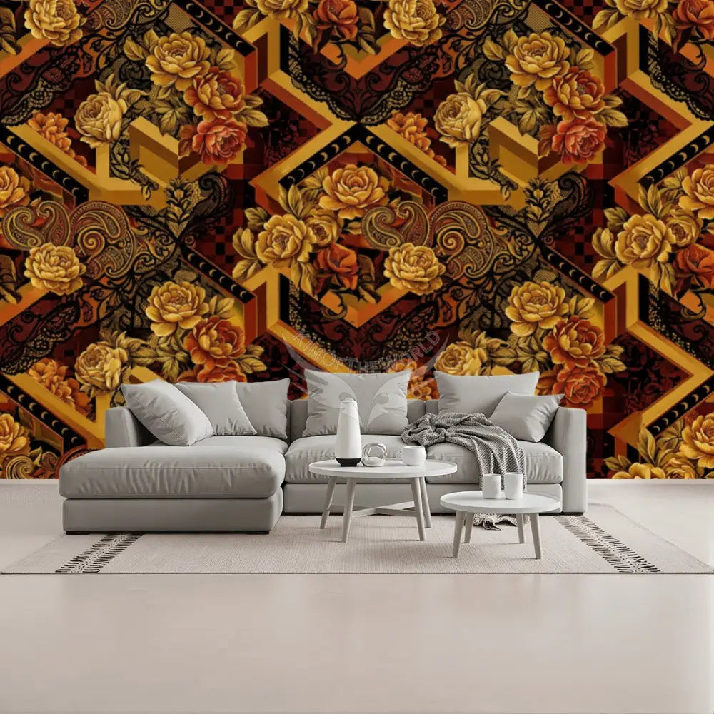 3D Geometric Floral Burnt Rust Interchangeable Unpasted Mural Wallpaper 144’’x100’’ 144’’x100’’ Wall Coverings