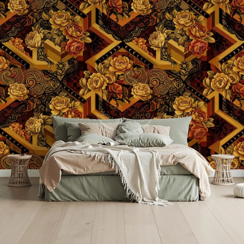3D Geometric Floral Burnt Rust Interchangeable Unpasted Mural Wallpaper 144’’x100’’ 144’’x100’’ Wall Coverings