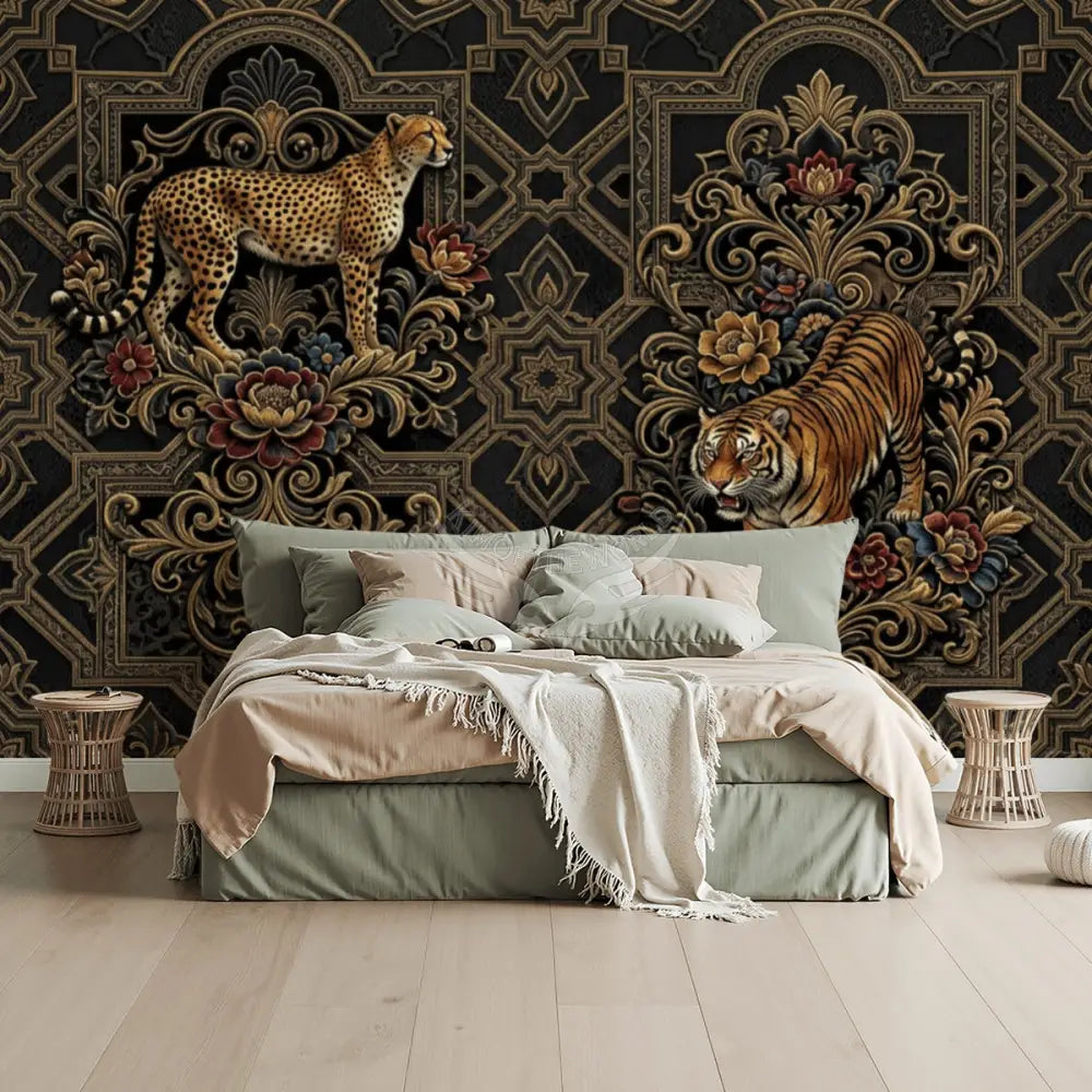 3D Gold Tiger and Leopard Unpasted Mural Wallpaper 144’’x100’’ 144’’x100’’ Wall Coverings