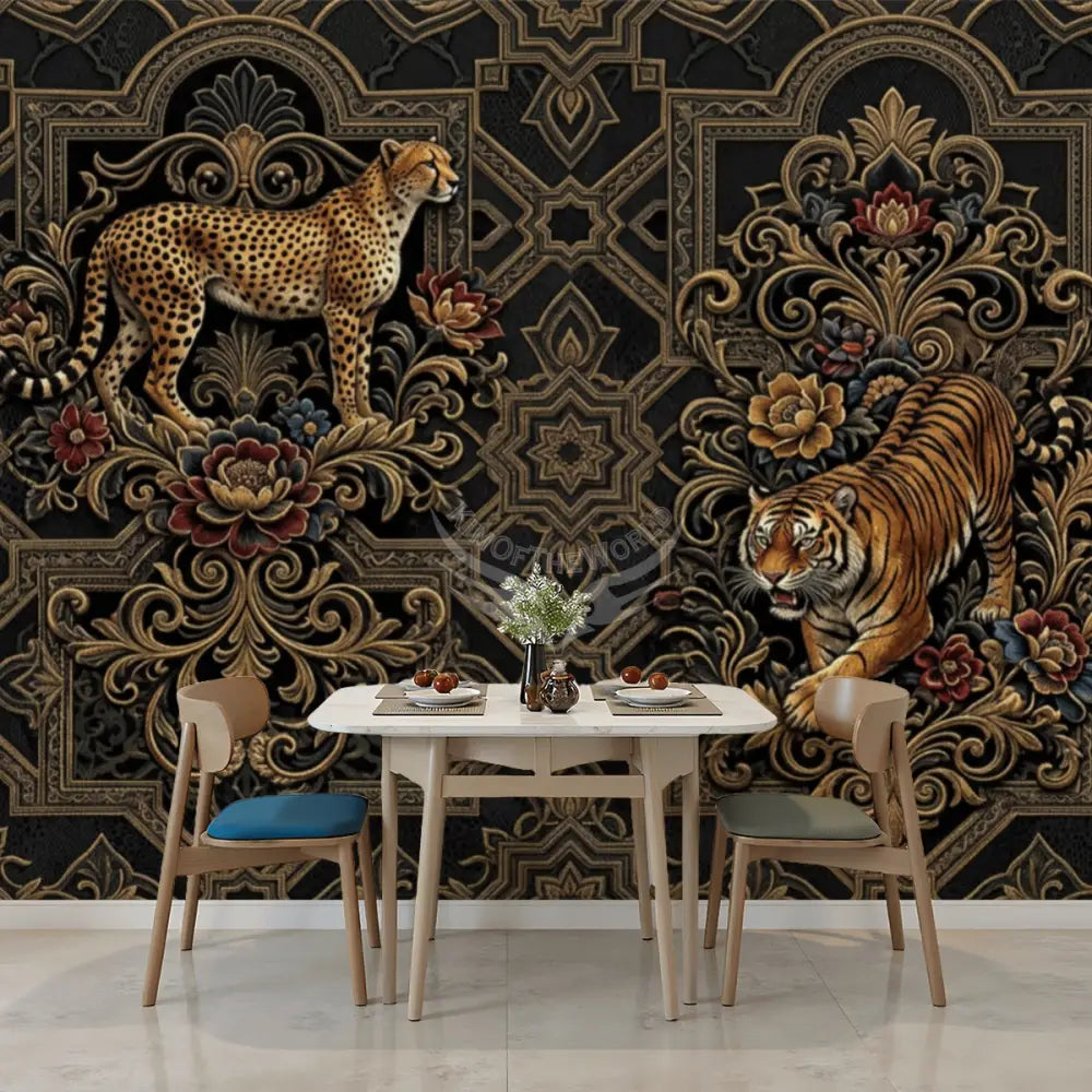 3D Gold Tiger and Leopard Unpasted Mural Wallpaper 144’’x100’’ 144’’x100’’ Wall Coverings