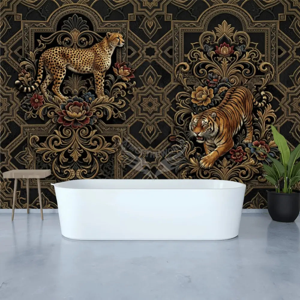 3D Gold Tiger and Leopard Unpasted Mural Wallpaper 144’’x100’’ 144’’x100’’ Wall Coverings