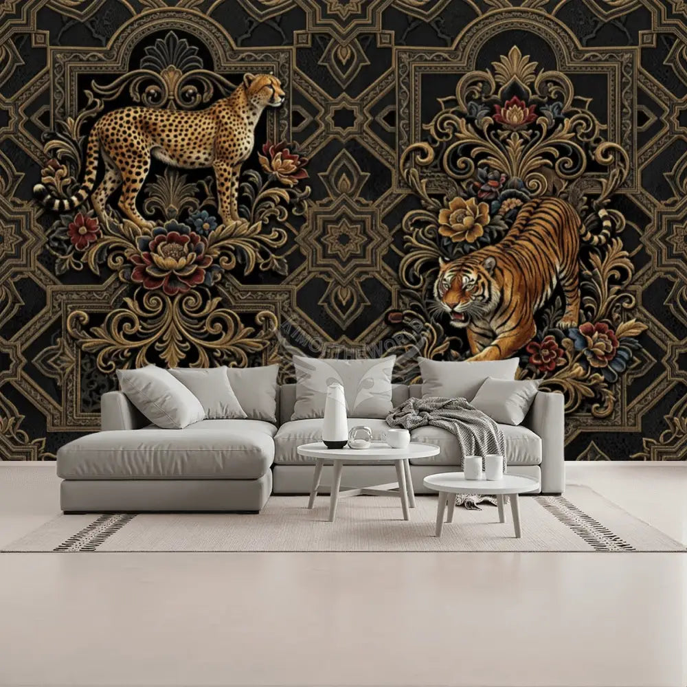 3D Gold Tiger and Leopard Unpasted Mural Wallpaper 144’’x100’’ 144’’x100’’ Wall Coverings