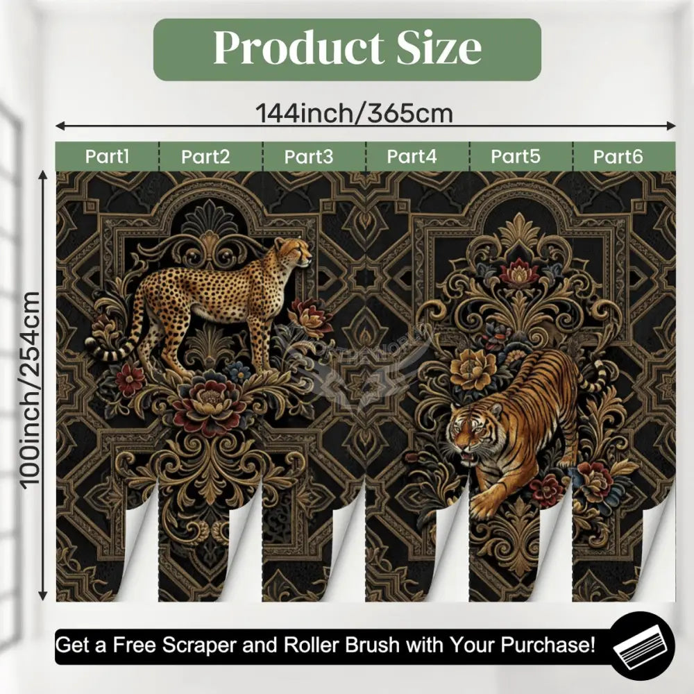 3D Gold Tiger and Leopard Unpasted Mural Wallpaper 144’’x100’’ 144’’x100’’ Wall Coverings