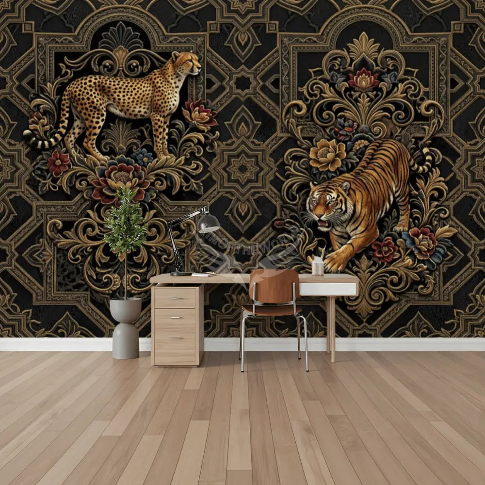 3D Gold Tiger and Leopard Unpasted Mural Wallpaper 144’’x100’’ 144’’x100’’ Wall Coverings