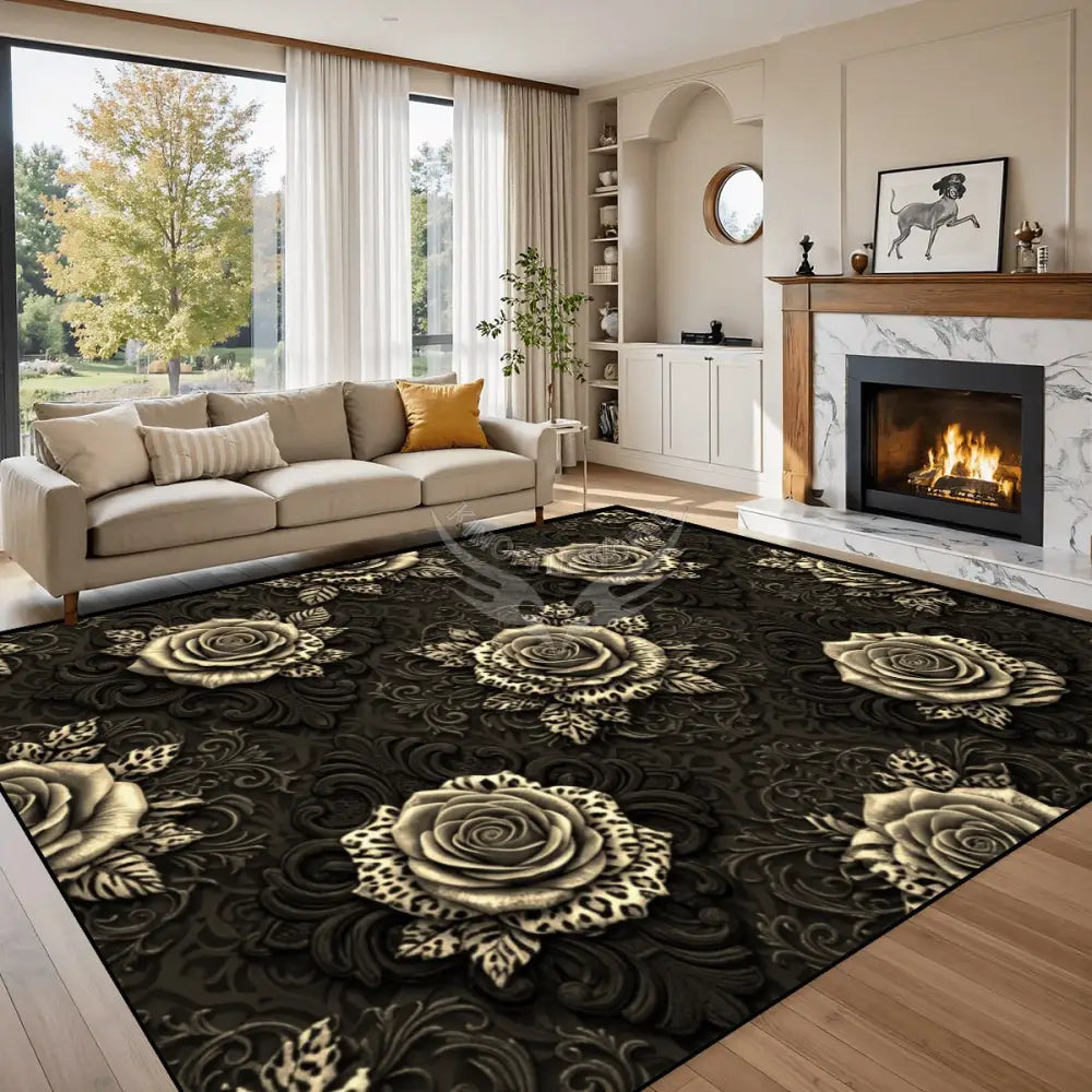 3D Gold Tones Roses with Animal Print Foilage Large Area Rug Floor Carpet 10x8 120’’x96’’ Rugs & Mats