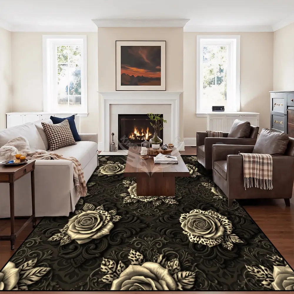 3D Gold Tones Roses with Animal Print Foilage Large Area Rug Floor Carpet 10x8 120’’x96’’ Rugs & Mats