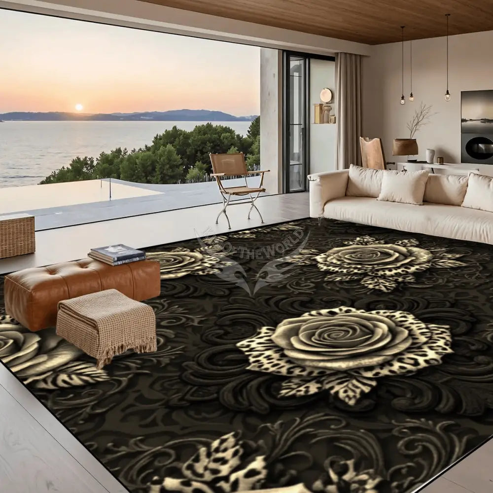 3D Gold Tones Roses with Animal Print Foilage Large Area Rug Floor Carpet 10x8 120’’x96’’ Rugs & Mats
