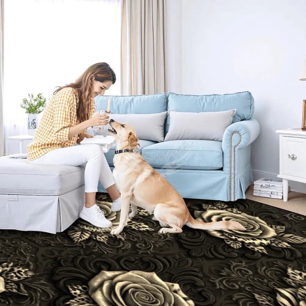 3D Gold Tones Roses with Animal Print Foilage Large Area Rug Floor Carpet 10x8 120’’x96’’ Rugs & Mats