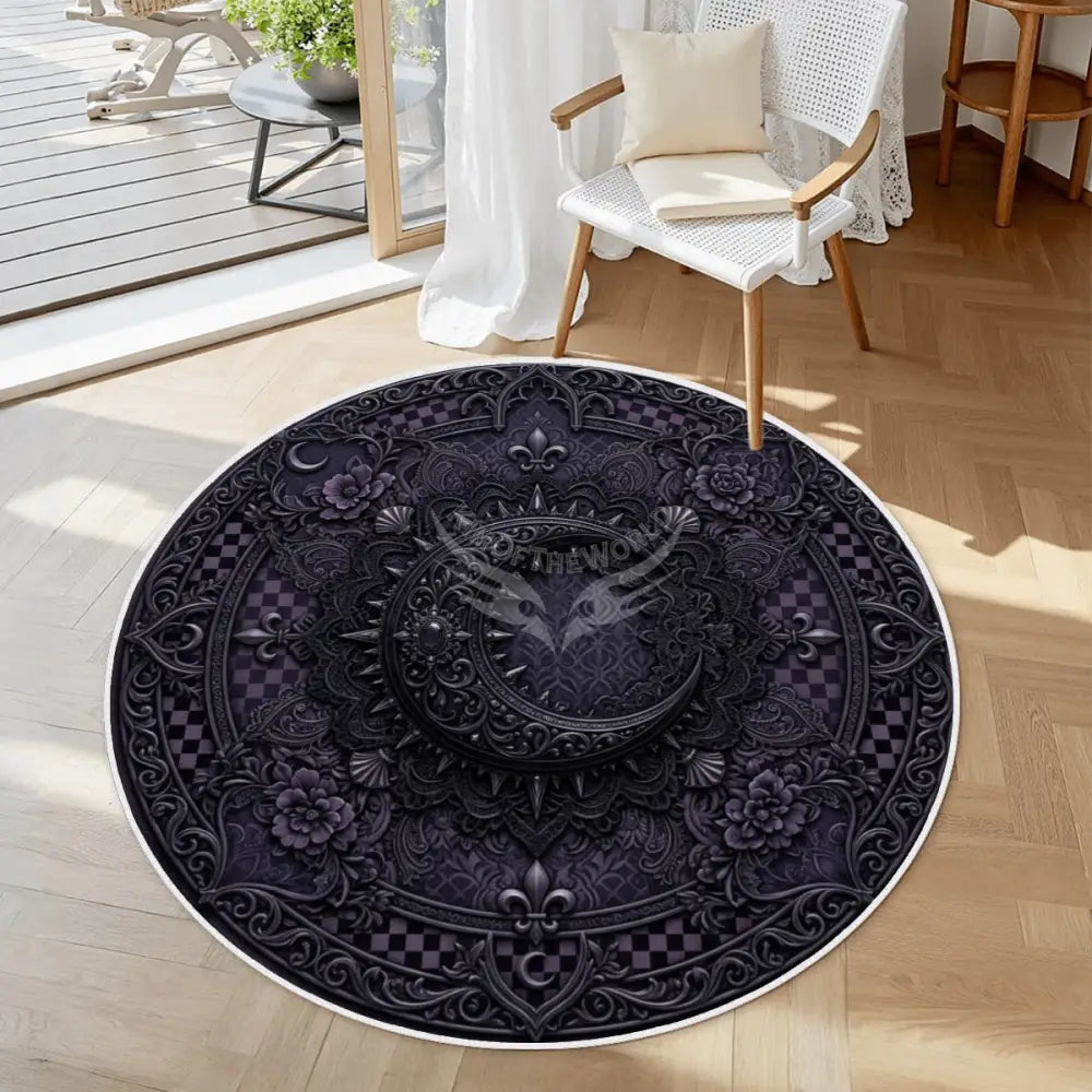 3D Gothic Bejeweled Black Spiked Crescent Moon Soft Round Area Rug with White Border 39.4’’x39.4’’ Rugs & Mats
