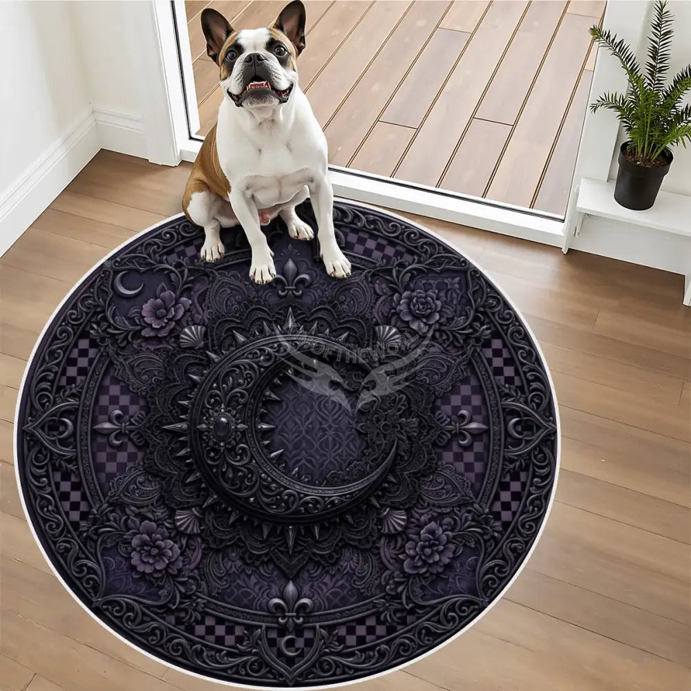 3D Gothic Bejeweled Black Spiked Crescent Moon Soft Round Area Rug with White Border Rugs & Mats