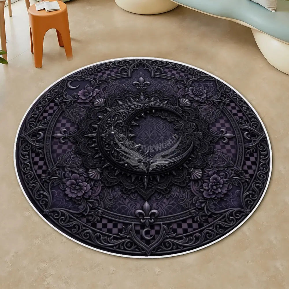 3D Gothic Bejeweled Black Spiked Crescent Moon Soft Round Area Rug with White Border Rugs & Mats