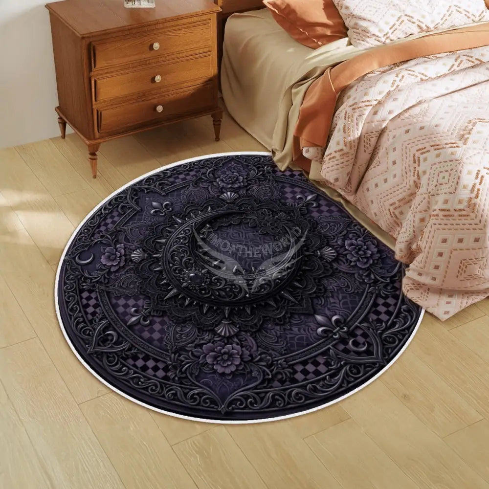 3D Gothic Bejeweled Black Spiked Crescent Moon Soft Round Area Rug with White Border Rugs & Mats