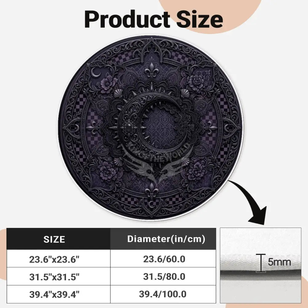 3D Gothic Bejeweled Black Spiked Crescent Moon Soft Round Area Rug with White Border Rugs & Mats