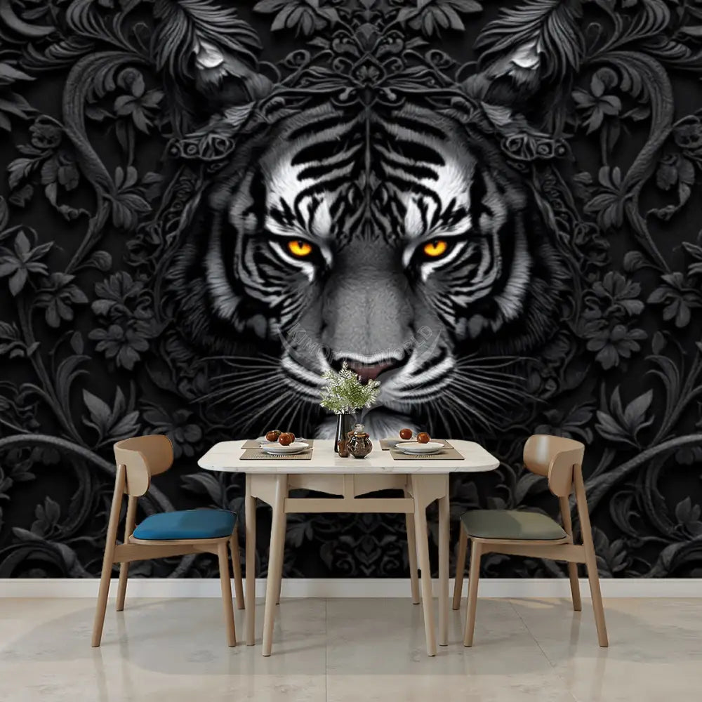 3D Gothic Black & White Tiger Unpasted Mural Wallpaper 144’’x100’’ - 144’’x100’’ - Wall Coverings