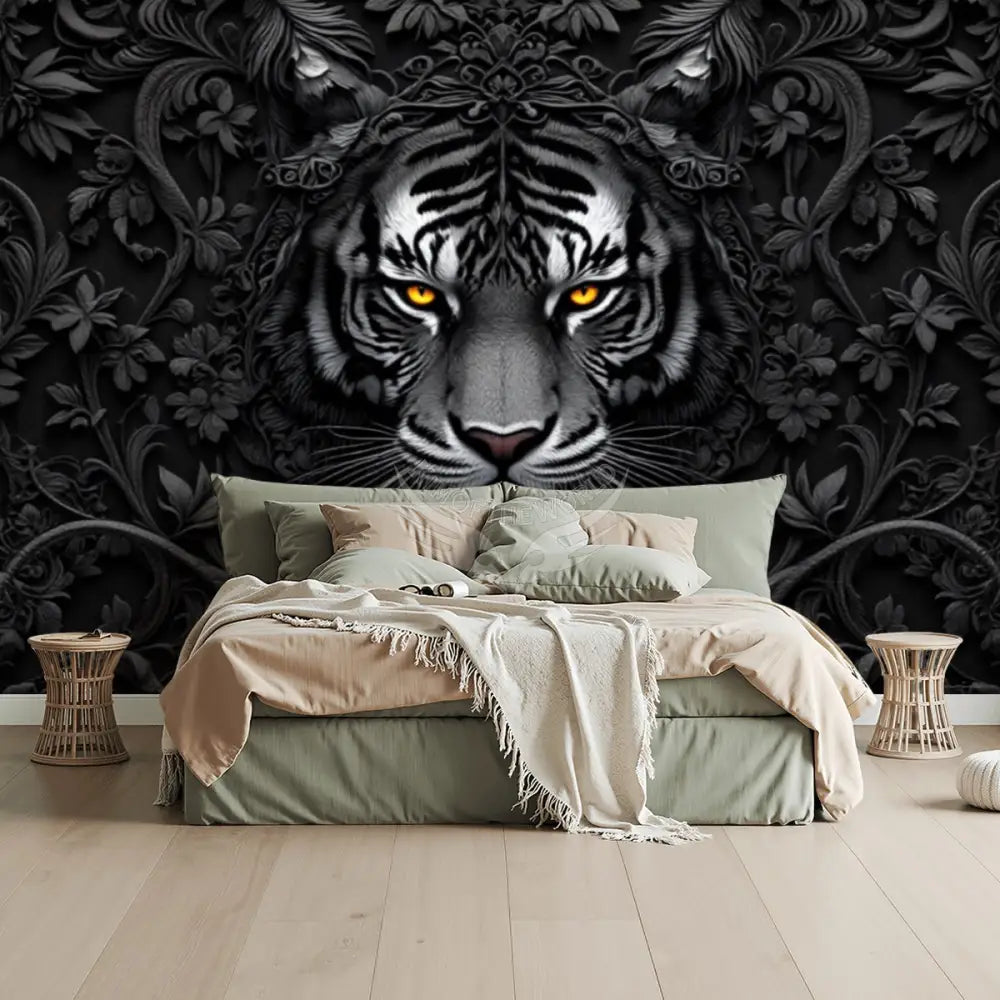 3D Gothic Black & White Tiger Unpasted Mural Wallpaper 144’’x100’’ - 144’’x100’’ - Wall Coverings