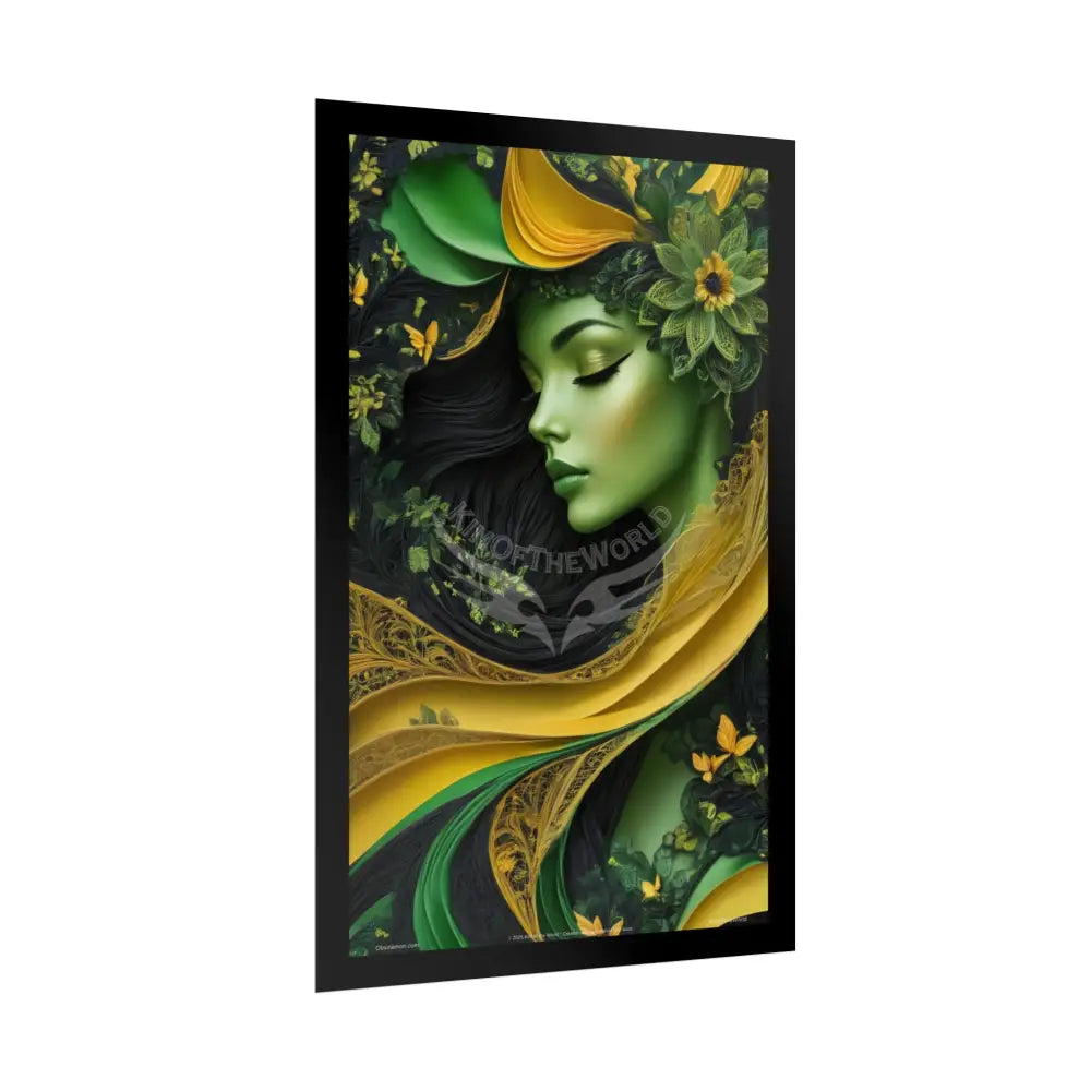 3D Green and Gold Foil Leaf Woman Lady Poster — Nature-Inspired Rolled Framable Print green and gold motif Poster