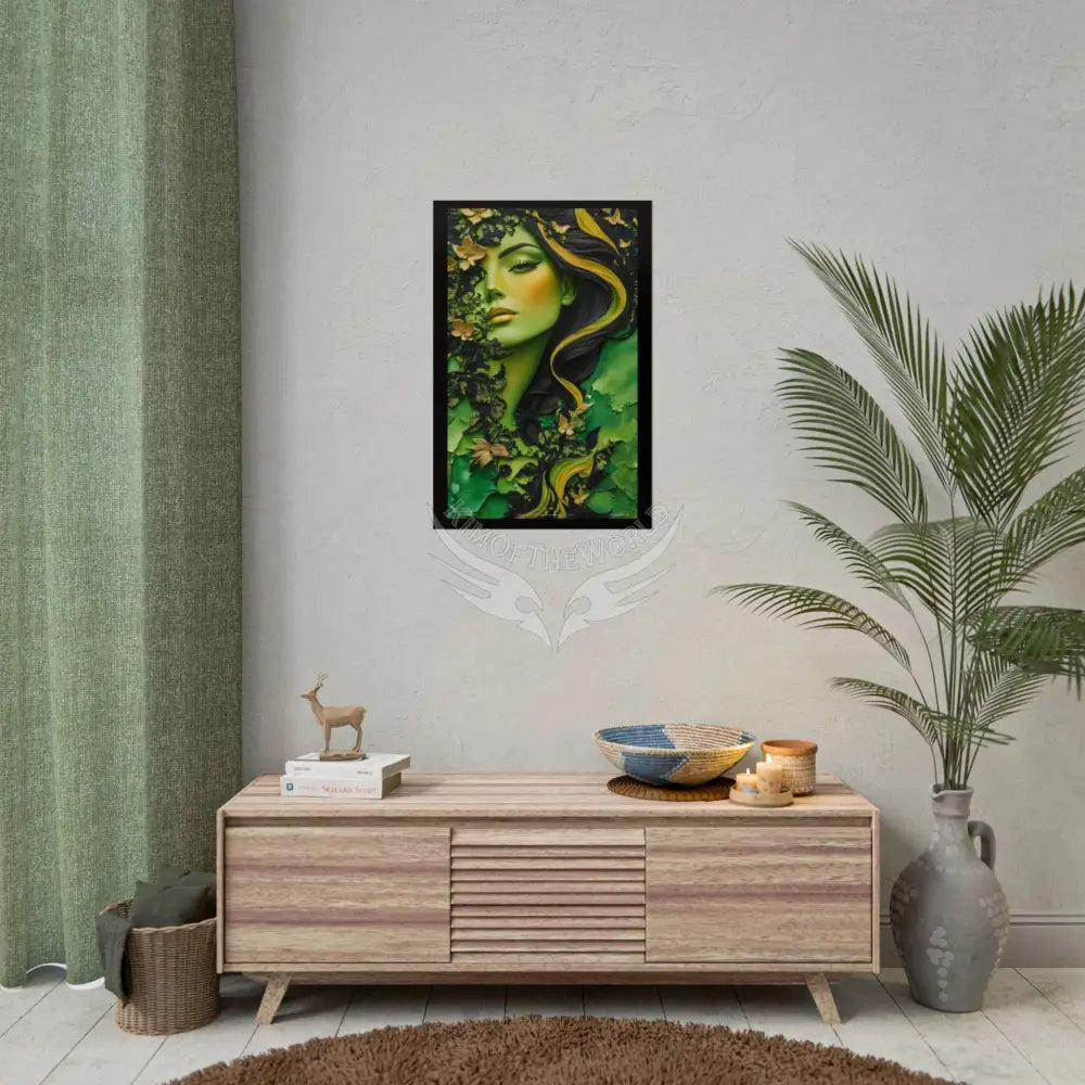 3D Green and Gold Foil Leaf Woman Lady Poster — Nature-Inspired Rolled Framable Print green and gold motif Poster