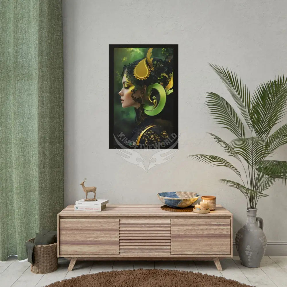 3D Green and Gold Foil Leaf Woman Lady Poster — Nature-Inspired Rolled Framable Print green and gold motif Poster