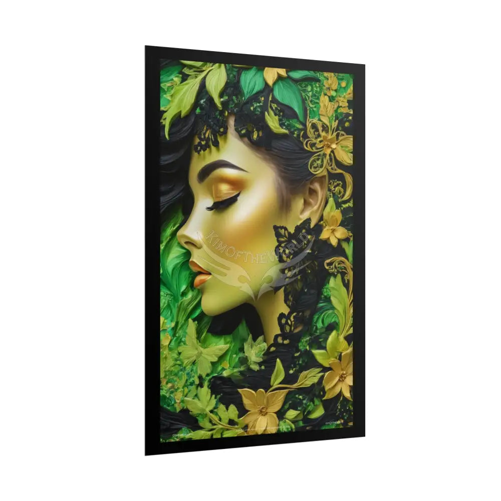 3D Green and Gold Foil Leaf Woman Lady Poster — Nature-Inspired Rolled Framable Print green and gold motif Poster
