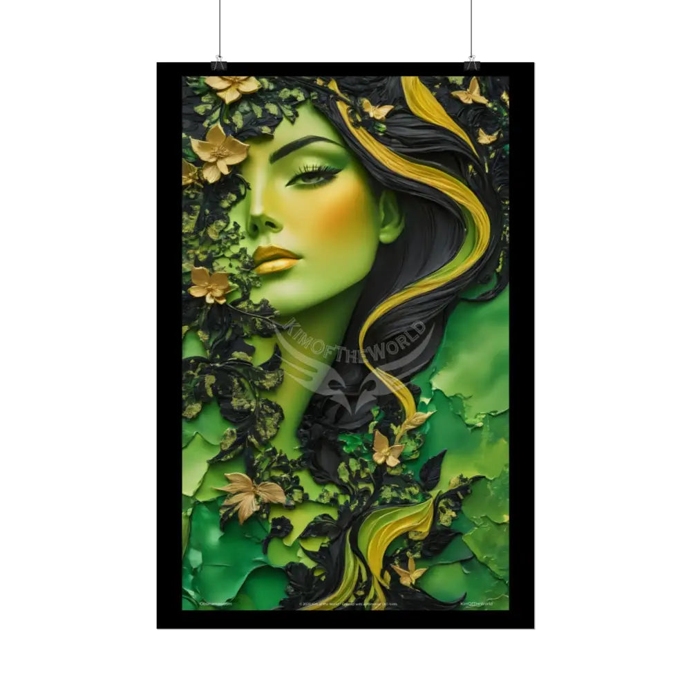 3D Green and Gold Foil Leaf Woman Lady Poster — Nature-Inspired Rolled Framable Print green and gold motif Poster