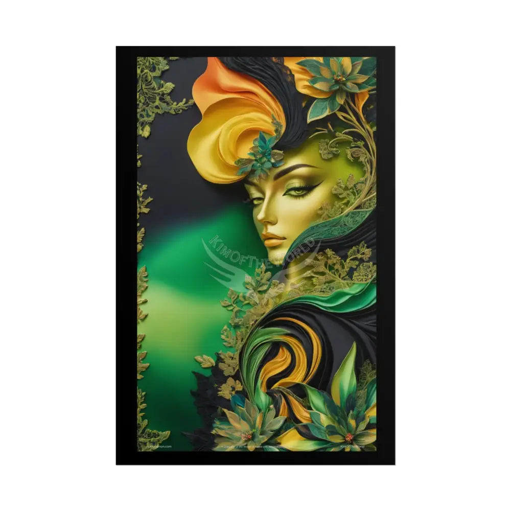 3D Green and Gold Foil Leaf Woman Lady Poster — Nature-Inspired Rolled Framable Print green and gold motif 20″ x 30″