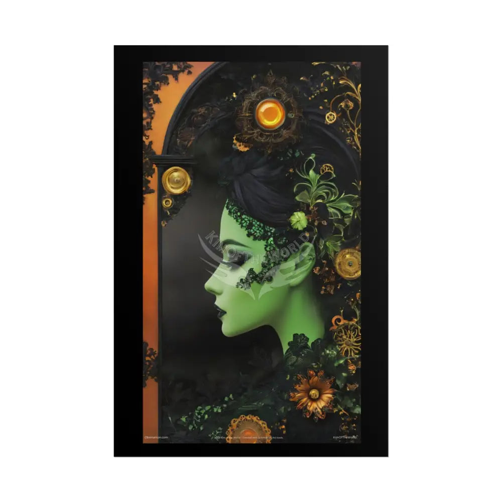 3D Green and Gold Foil Leaf Woman Lady Poster — Nature-Inspired Rolled Framable Print green and gold motif 20″ x 30″
