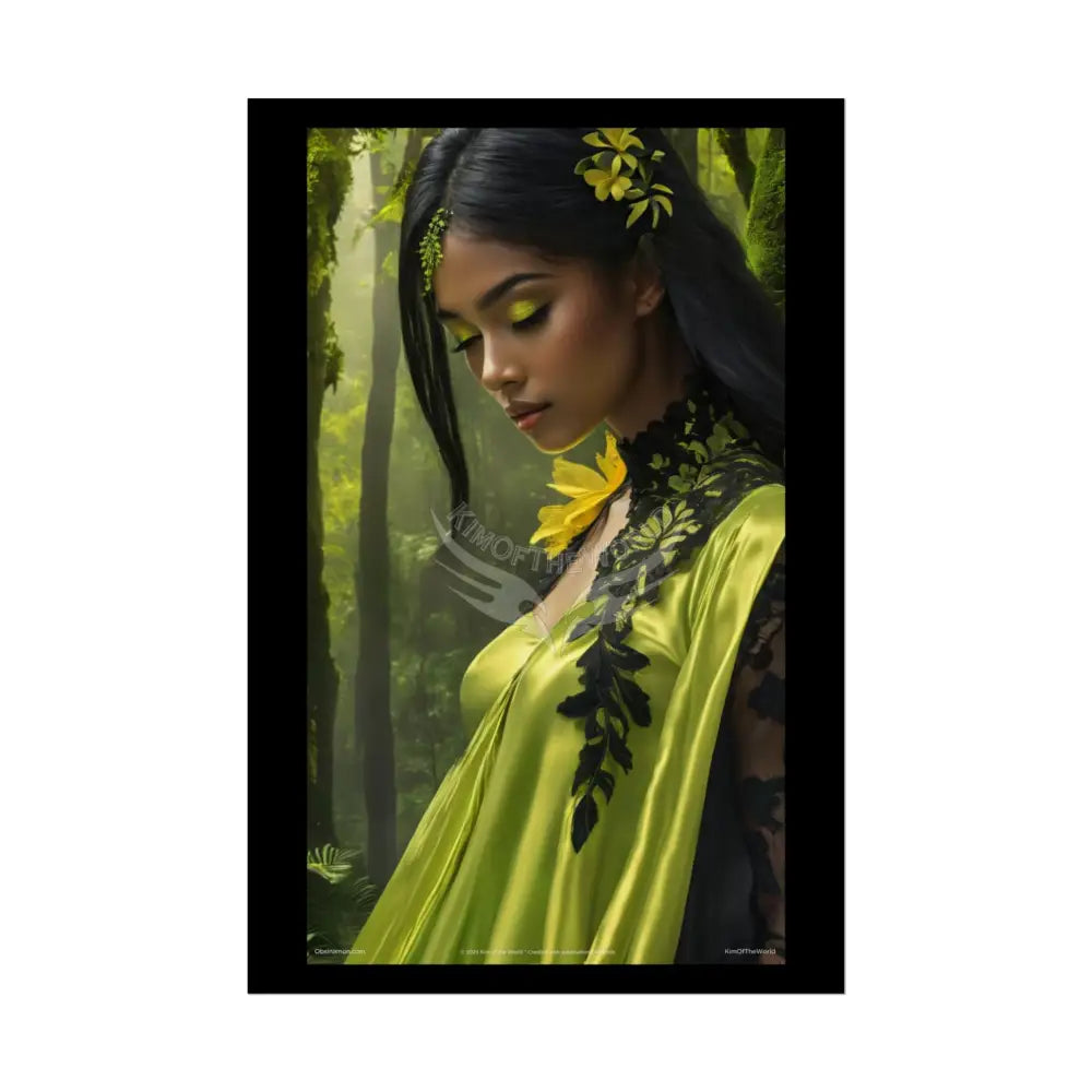 3D Green and Gold Foil Leaf Woman Lady Poster — Nature-Inspired Rolled Framable Print green and gold motif 20″ x 30″