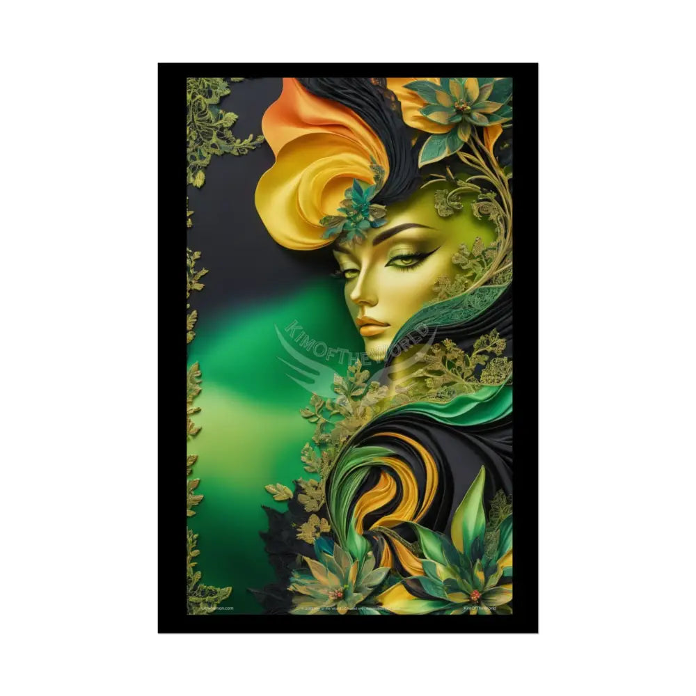 3D Green and Gold Foil Leaf Woman Lady Poster — Nature-Inspired Rolled Framable Print green and gold motif 20″ x 30″