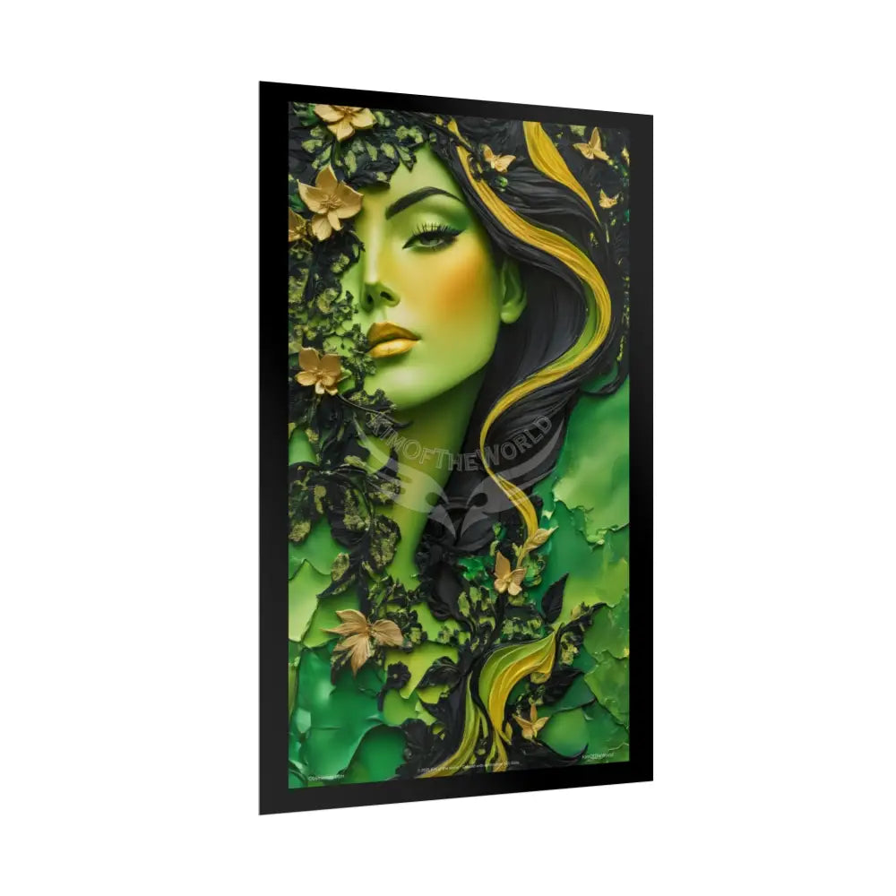 3D Green and Gold Foil Leaf Woman Lady Poster — Nature-Inspired Rolled Framable Print green and gold motif Poster