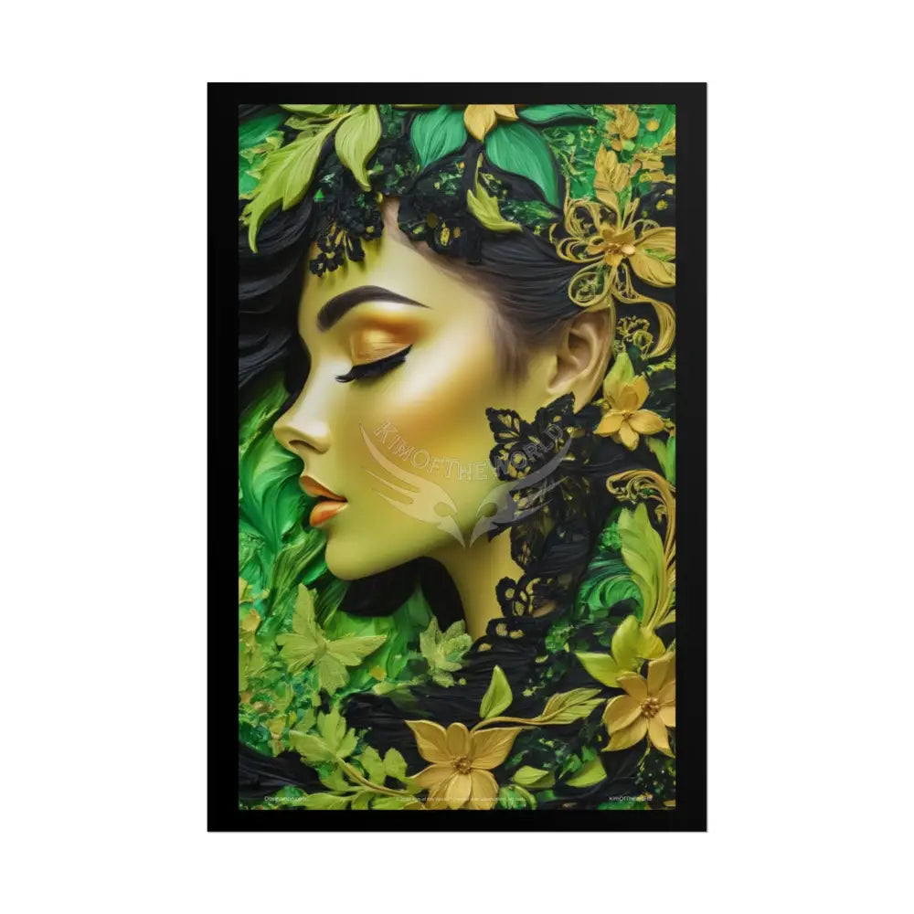 3D Green and Gold Foil Leaf Woman Lady Poster — Nature-Inspired Rolled Framable Print green and gold motif 24’’ x 36’’