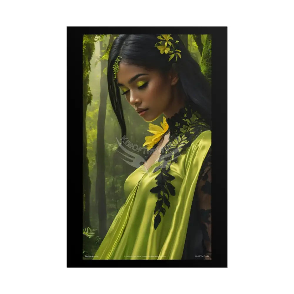 3D Green and Gold Foil Leaf Woman Lady Poster — Nature-Inspired Rolled Framable Print green and gold motif 24’’ x 36’’