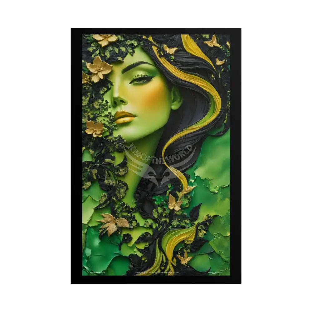 3D Green and Gold Foil Leaf Woman Lady Poster — Nature-Inspired Rolled Framable Print green and gold motif 24’’ x 36’’
