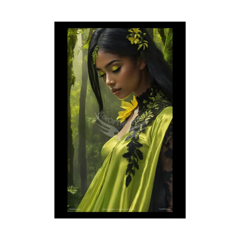 3D Green and Gold Foil Leaf Woman Lady Poster — Nature-Inspired Rolled Framable Print green and gold motif 24’’ x 36’’
