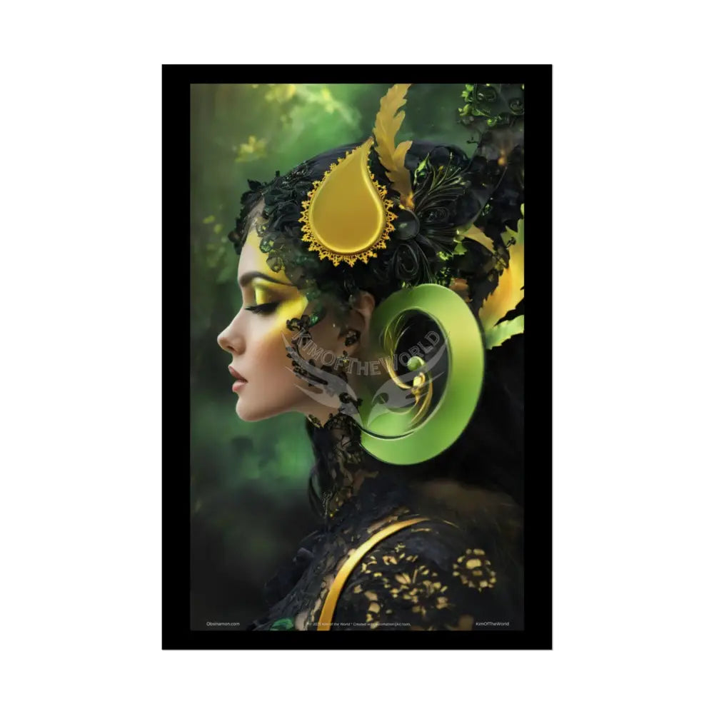 3D Green and Gold Foil Leaf Woman Lady Poster — Nature-Inspired Rolled Framable Print green and gold motif 24’’ x 36’’